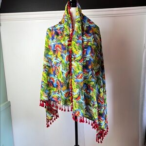 Colorful Tropical Parrot 🦜 Print Beach Wrap Scarf with Red Tassel Fringe Trim